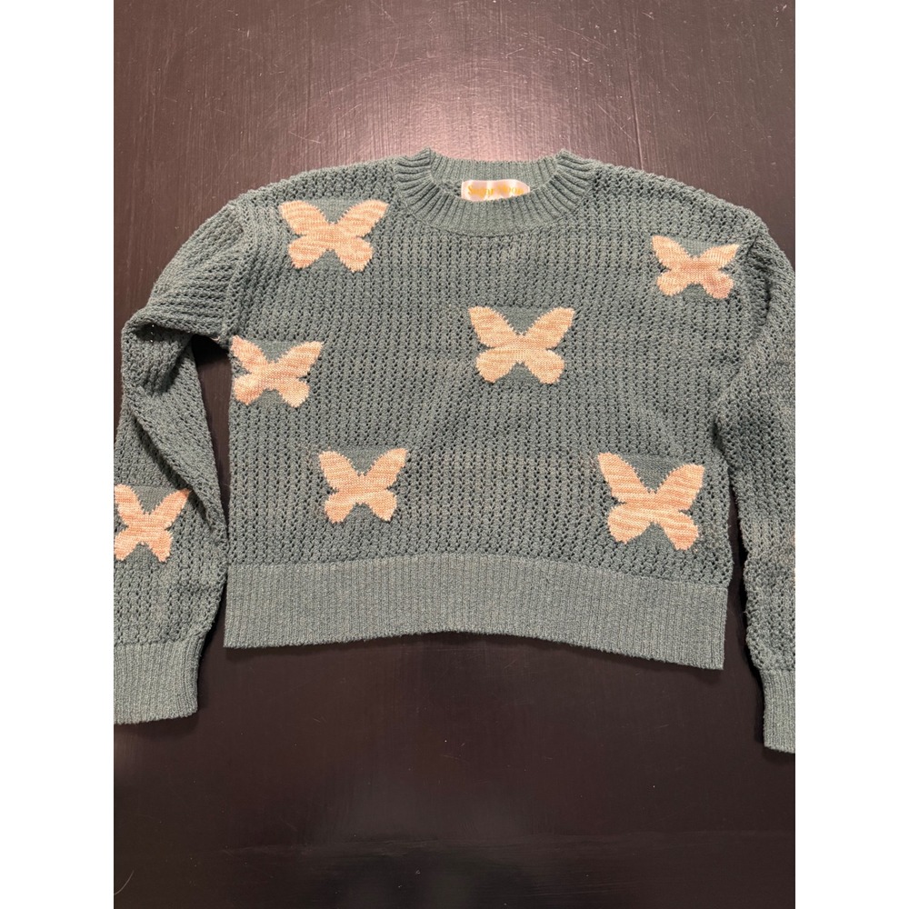 Sugar‎ Moon Butterfly Knit Sweater Womens Medium Teal Green Pointelle Pullover
